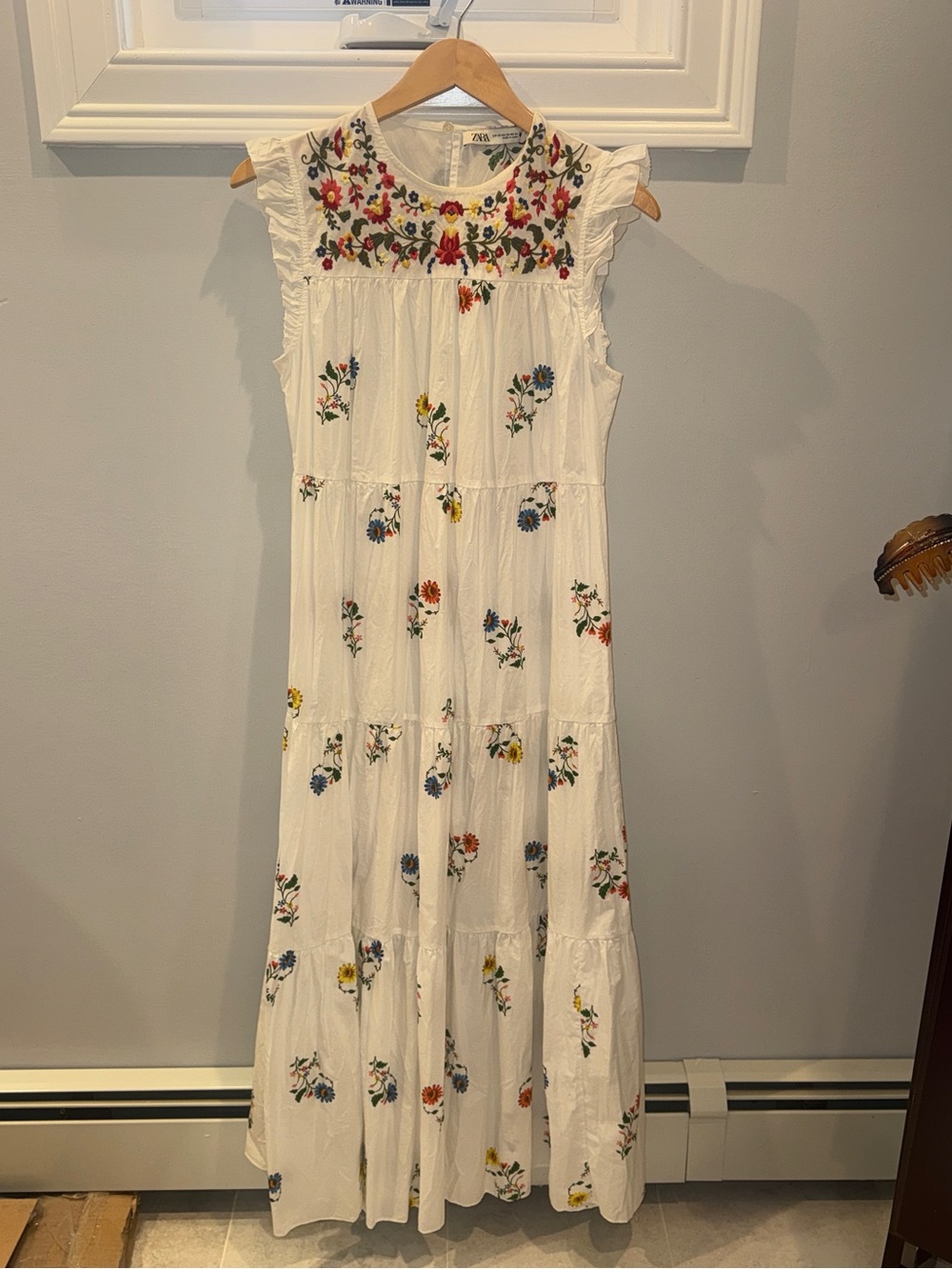 Zara White Maxi Dress with Multicolor Floral Embroidery